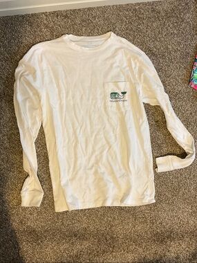 Vineyard Vines White Long Sleeve Pocket Tee with Green Whale Logo